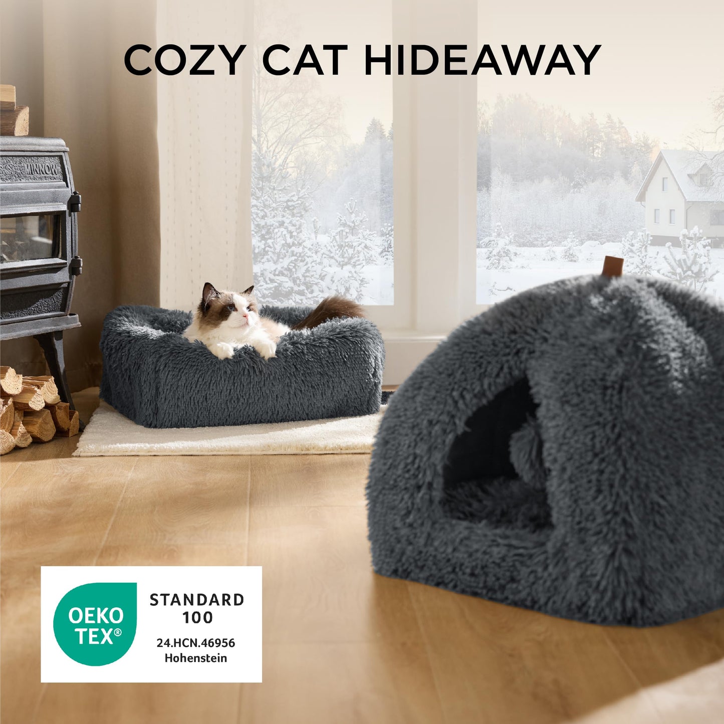 Mikrofgo Katzenbett große Katzen Katzenhöhle- 40x40x40 cm Plüsch Katzenhaus Indoor mit abnehmbarem Katzenkissen und hängendem Spielzeug, Katzen Bettchen waschbar, dunkelgrau