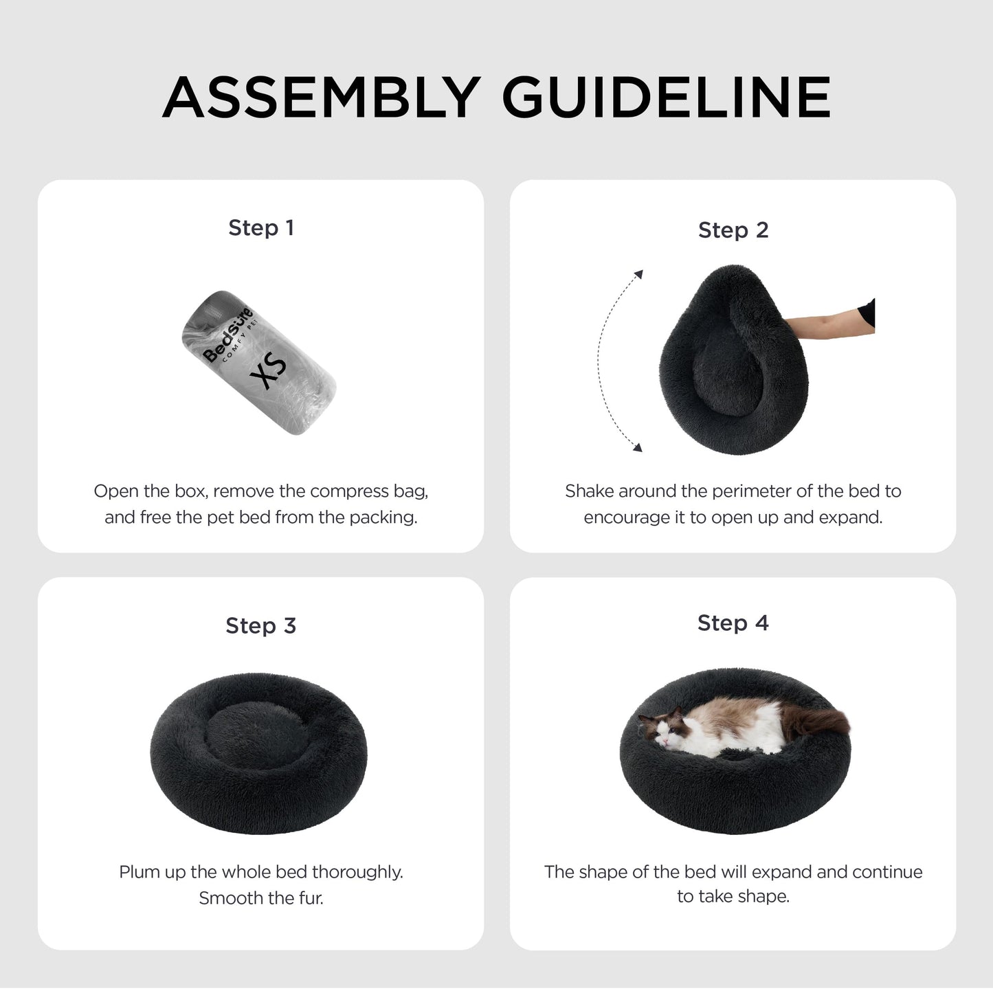 Mikrofgo Hundebett waschbar Flauschiges Katzenbett - Ø 60 cm Katzenschlafplatz für Katzen und kleine Hunde, plüsch Katzenkissen rund Kuschelbett, Hellgrau