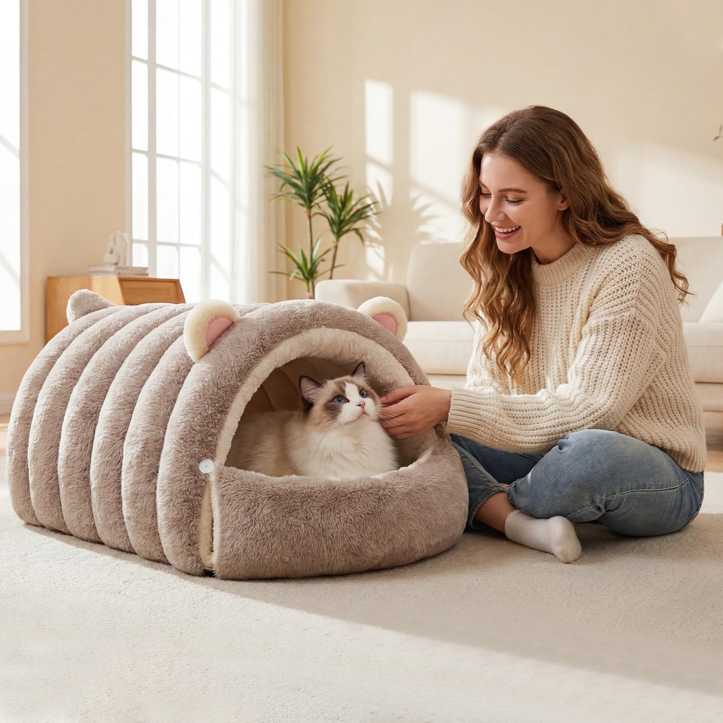 Mikrofgo Katzenhöhlenbett, Haustierzelt Mit Rutschfestem Boden, Niedliches Katzenhaus, Weicher, Warmer Haustierunterschlupf, Weiches Und Bequemes Hundebett(M, Grau)