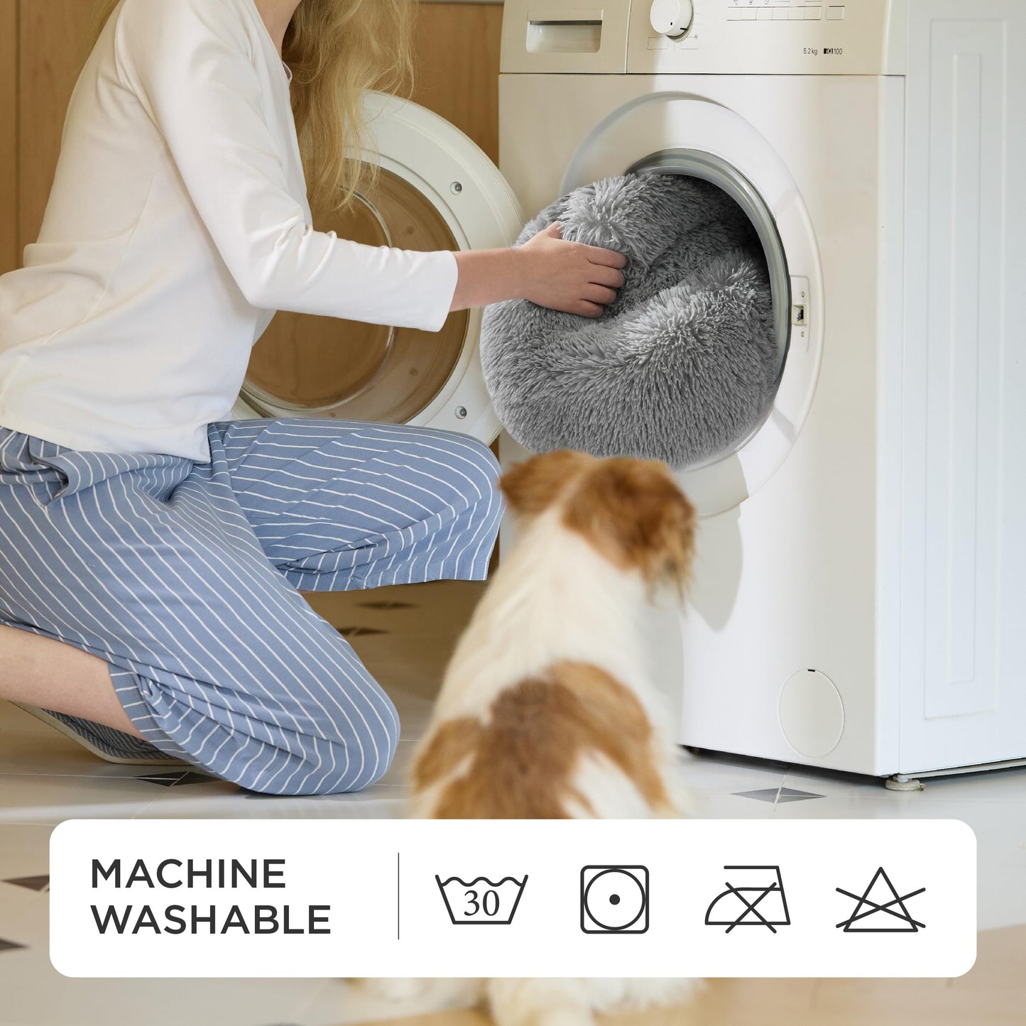 Mikrofgo Hundebett waschbar Flauschiges Katzenbett - Ø 60 cm Katzenschlafplatz für Katzen und kleine Hunde, plüsch Katzenkissen rund Kuschelbett, Hellgrau