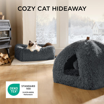 Mikrofgo Katzenbett große Katzen Katzenhöhle- 40x40x40 cm Plüsch Katzenhaus Indoor mit abnehmbarem Katzenkissen und hängendem Spielzeug, Katzen Bettchen waschbar, dunkelgrau