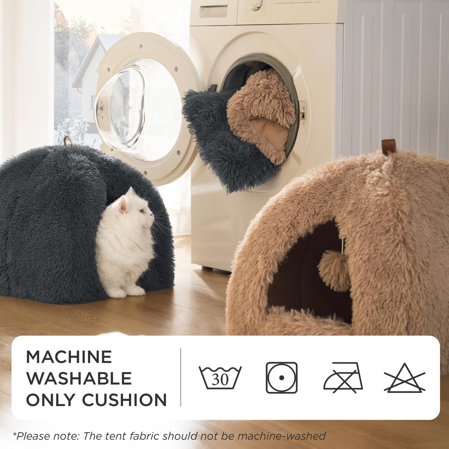 Mikrofgo Katzenbett große Katzen Katzenhöhle- 40x40x40 cm Plüsch Katzenhaus Indoor mit abnehmbarem Katzenkissen und hängendem Spielzeug, Katzen Bettchen waschbar, dunkelgrau