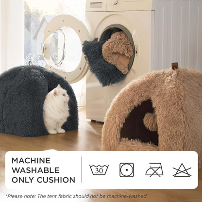 Mikrofgo Katzenbett große Katzen Katzenhöhle- 40x40x40 cm Plüsch Katzenhaus Indoor mit abnehmbarem Katzenkissen und hängendem Spielzeug, Katzen Bettchen waschbar, dunkelgrau