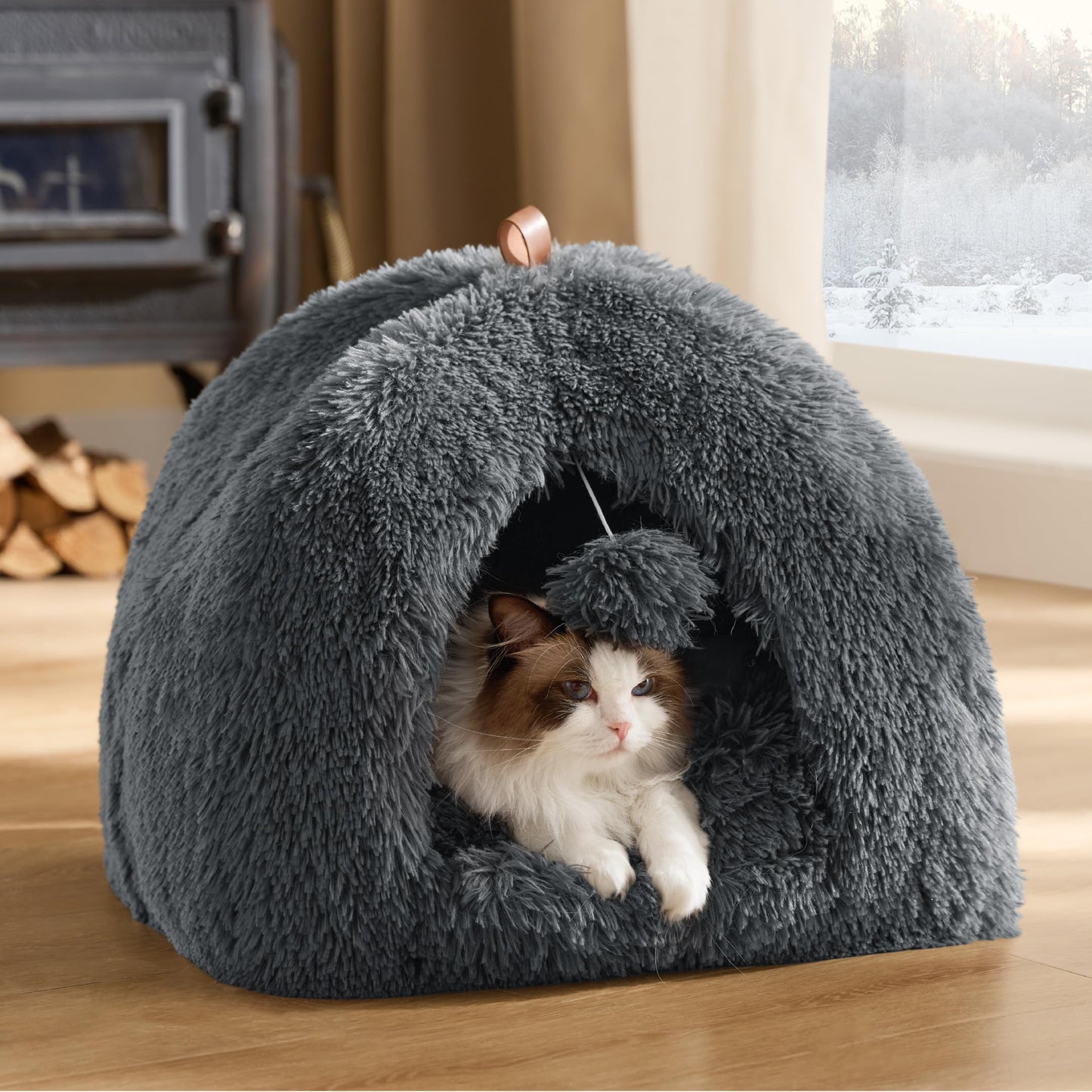Mikrofgo Katzenbett große Katzen Katzenhöhle- 40x40x40 cm Plüsch Katzenhaus Indoor mit abnehmbarem Katzenkissen und hängendem Spielzeug, Katzen Bettchen waschbar, dunkelgrau