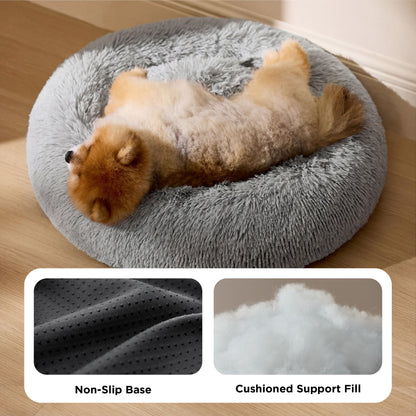 Mikrofgo Hundebett waschbar Flauschiges Katzenbett - Ø 60 cm Katzenschlafplatz für Katzen und kleine Hunde, plüsch Katzenkissen rund Kuschelbett, Hellgrau